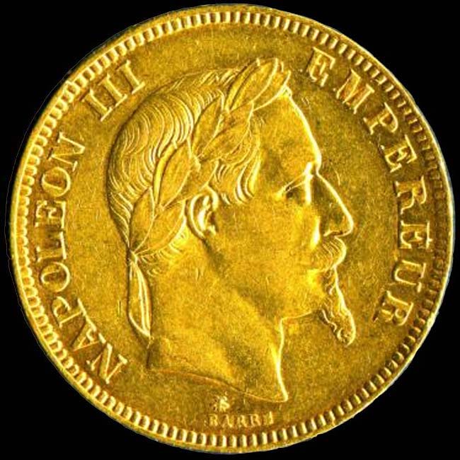 Pice de 100 Francs franais en or type Napolon III tte laure avers