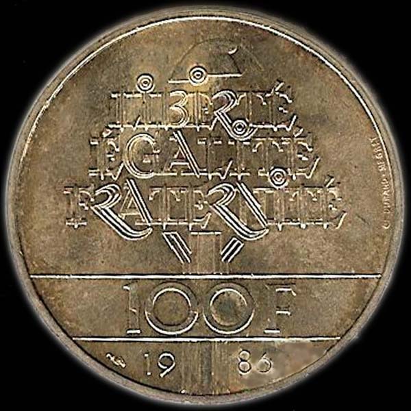 Pice 100 Francs franais 1986 argent Libert revers