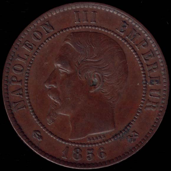 Pice de 10 Centimes franais en bronze type Napolon III tte nue avers