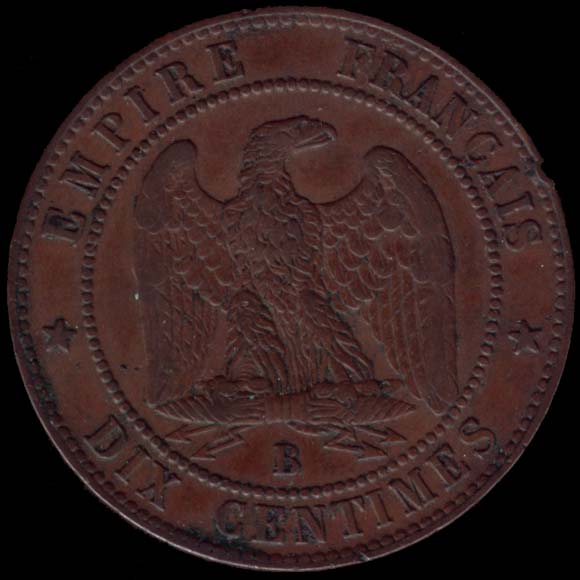 Pice de 10 Centimes franais en bronze type Napolon III tte nue revers