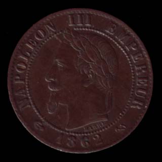 Pice de 1 Centime franais en bronze type Napolon III tte laure avers