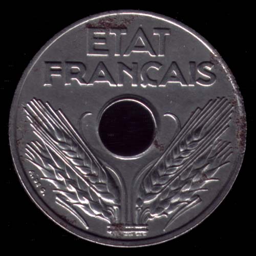 Pice de 20 Centimes franais en fer type tat Franais avers