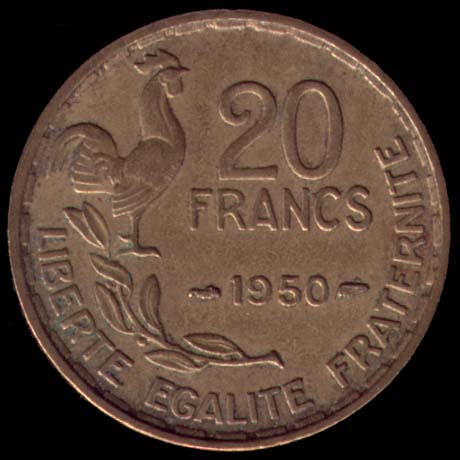 Pice de 20 Francs franais type Georges Guiraud en Bronze-Aluminium revers