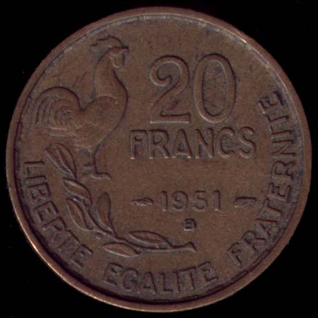 Pice de 20 Francs franais type G. Guiraud en Bronze-Aluminium revers