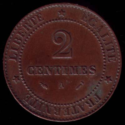 Pice de 2 Centimes de Franc franais type Crs en bronze revers
