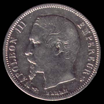 Pice de 50 Centimes franais en argent type Napolon III tte nue avers