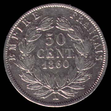 Pice de 50 Centimes franais en argent type Napolon III tte nue revers