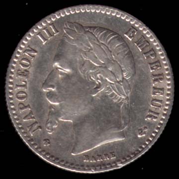 Pice de 50 Centimes franais en argent type Napolon III tte laure avers