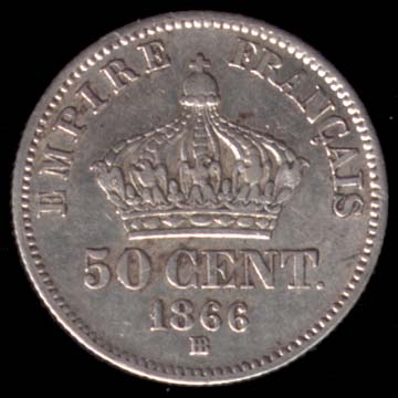 Pice de 50 Centimes franais en argent type Napolon III tte laure revers