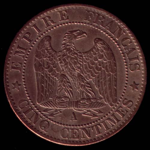 Pice de 5 Centimes franais en bronze type Napolon III tte laure revers