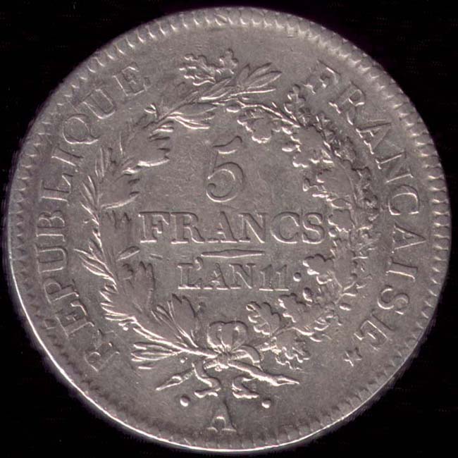 Pice de 5 Francs franais type Hercule en argent revers