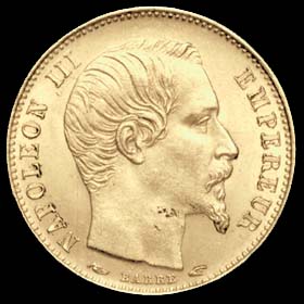 Pice de 5 Francs franais en or type Napolon III tte nue petit module avers