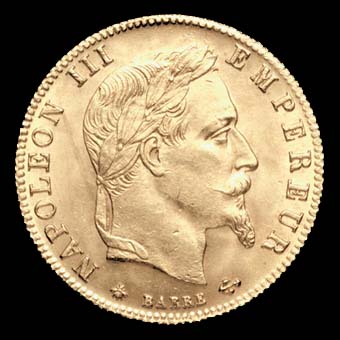 Pice de 5 Francs franais en or type Napolon III tte laure avers