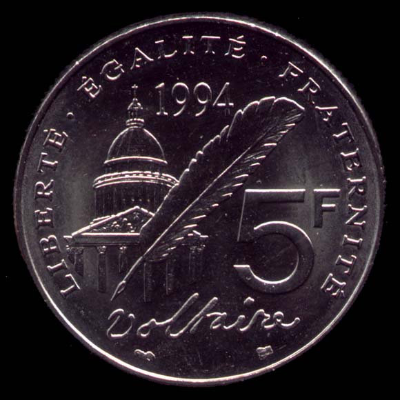Pice de 5 Francs franais type Voltaire revers