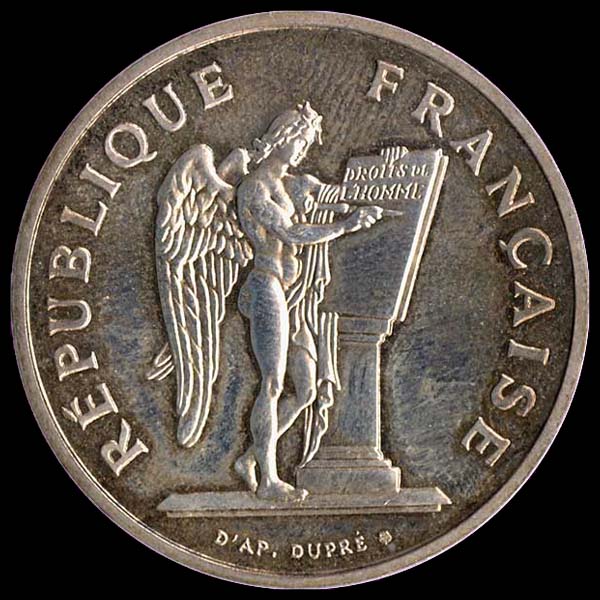 Pice 100 Francs franais 1989 argent Droits de l'Homme avers