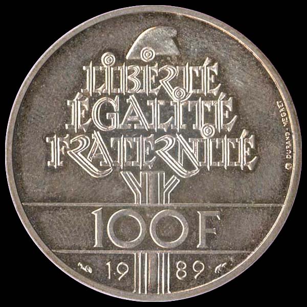 Pice 100 Francs franais 1989 argent Droits de l'Homme revers