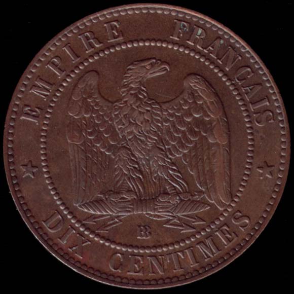 Pice de 10 Centimes franais en bronze type Napolon III tte laure revers