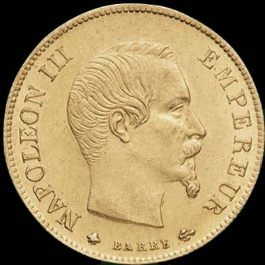 Pice de 10 Francs franais en or type Napolon III tte nue grand module avers