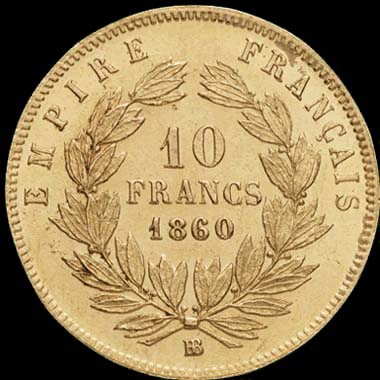 Pice de 10 Francs franais en or type Napolon III tte nue grand module revers