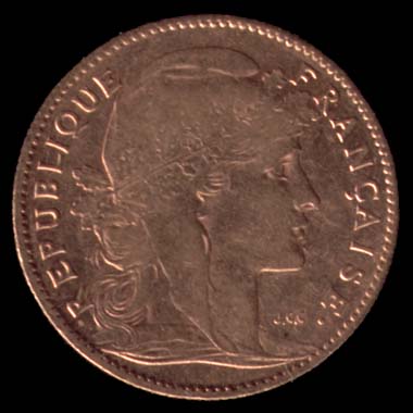 Pice de 10 Francs franais type Coq-Marianne en or avers