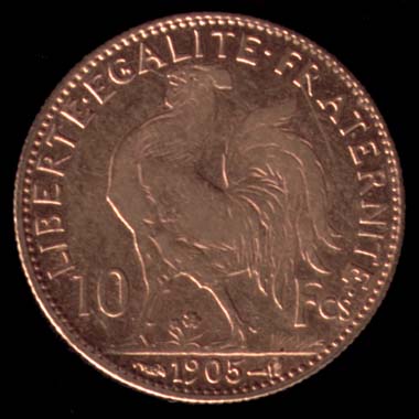 Pice de 10 Francs franais type Coq-Marianne en or revers
