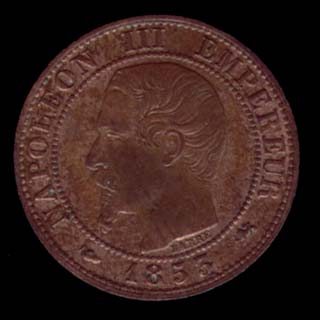 Pice de 1 Centime franais en bronze type Napolon III tte nue avers
