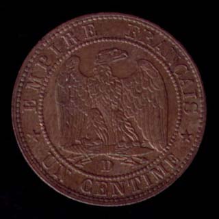 Pice de 1 Centime franais en bronze type Napolon III tte nue revers
