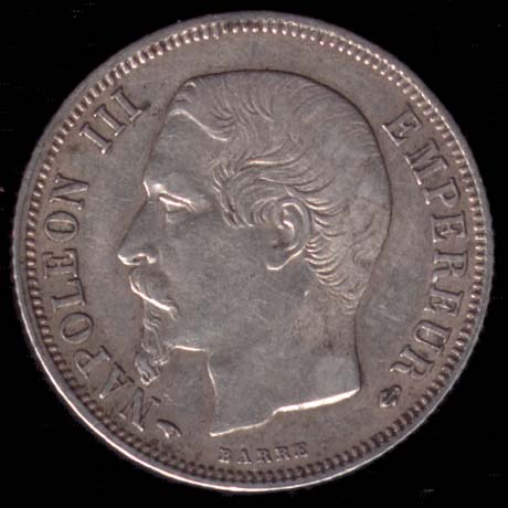 Pice de 1 Franc franais en argent type Napolon III tte nue avers