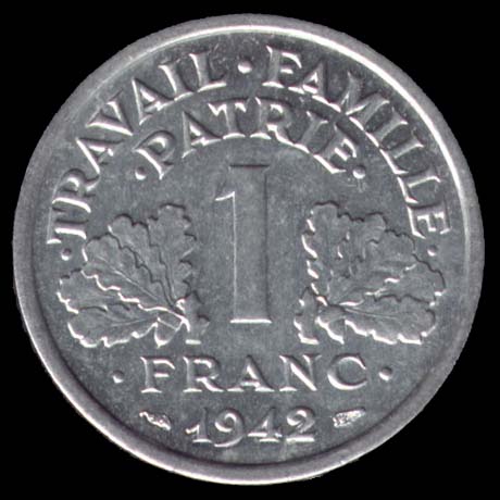 Pice de 1 Franc franais type Francisque lourde de l'tat Franais en Aluminium revers