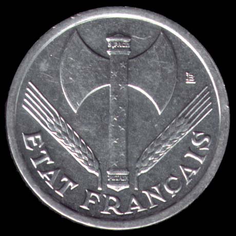 Pice de 1 Franc franais type Francisque lger de l'tat Franais en Aluminium avers
