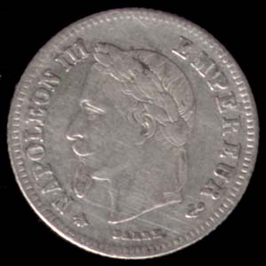 Pice de 20 Centimes franais en argent type Napolon III tte laure petit module avers