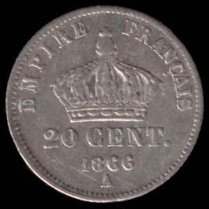 Pice de 20 Centimes franais en argent type Napolon III tte laure petit module revers