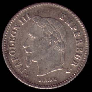 Pice de 20 Centimes franais en argent type Napolon III tte laure grand module avers