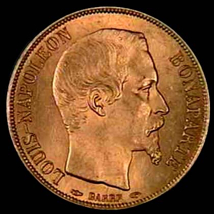 Pice de 20 Francs franais en or type Napolon III tte nue avers