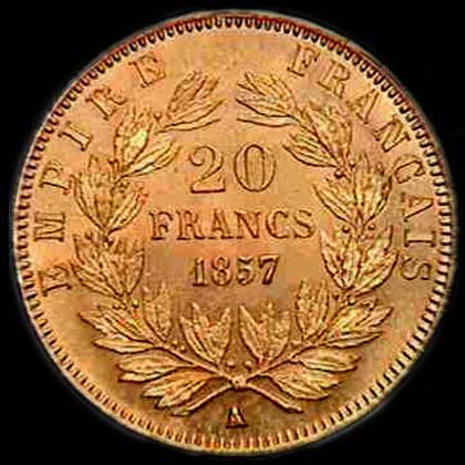 Pice de 20 Francs franais en or type Napolon III tte nue revers