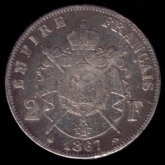 Pice de 2 Francs franais en argent type Napolon III tte laure revers