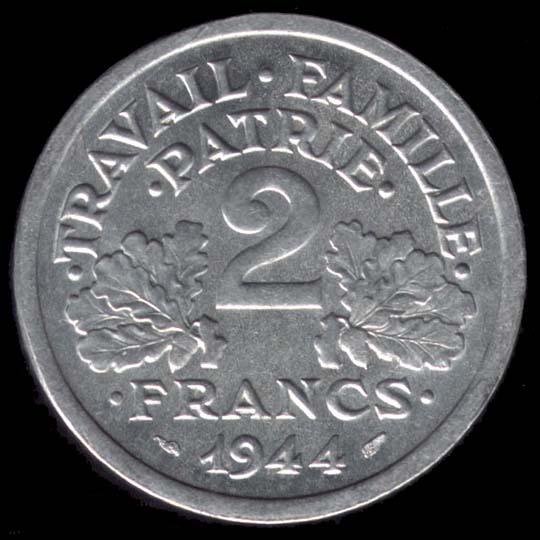 Pice de 2 Francs franais type Francisque de l'tat Franais en Fer revers