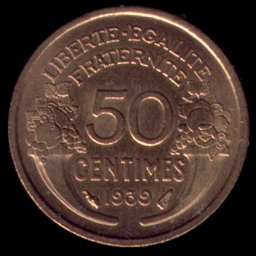 Pice de 50 Centimes franais en Bronze-Aluminium type Morlon Lourde revers