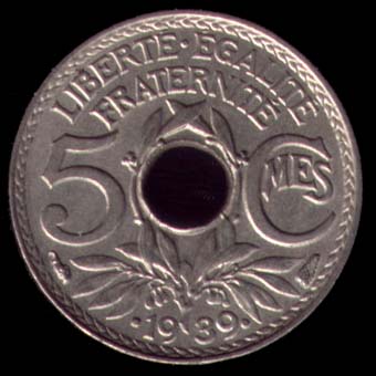 Pice de 5 Centimes franais type Lindauer en maillechort revers