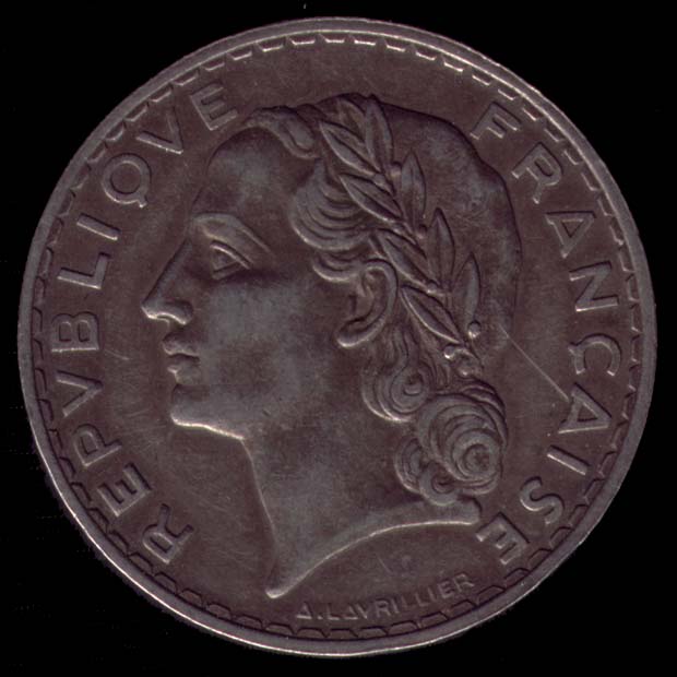 Pice de 5 Francs franais type Lavrillier en nickel avers