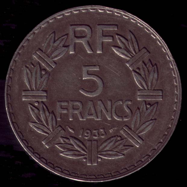 Pice de 5 Francs franais type Lavrillier en nickel revers