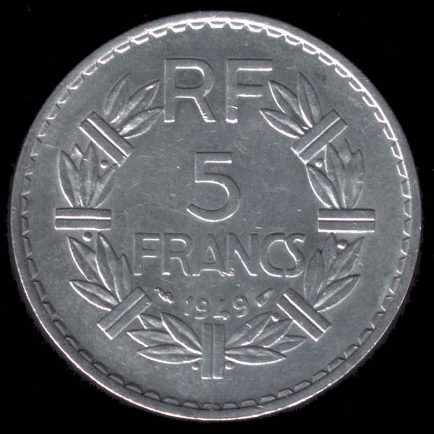 Pice de 5 Francs franais type Lavrillier en aluminium revers